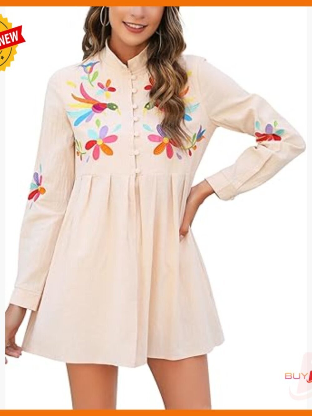 Traditional Mexican Embroidered Blouse Long Sleeve Button Down Peasant Top